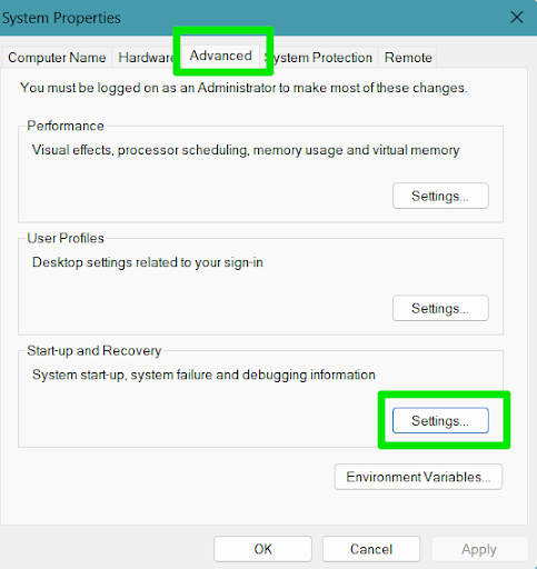Select system properties advanced