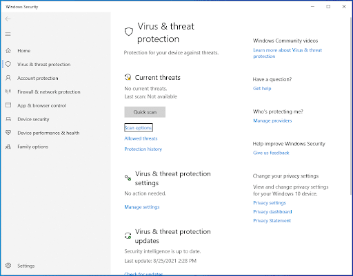 Virus and Threat protection scan options