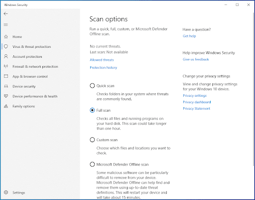 Windows Security scan options