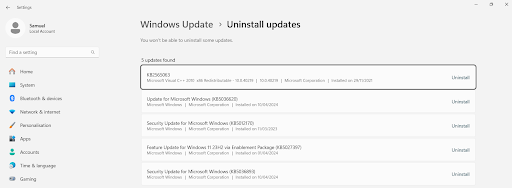 Windows update uninstall updates