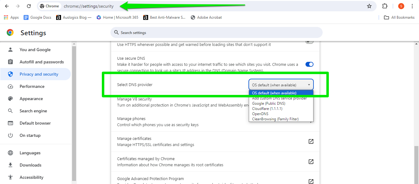 Select <i>OS default if it is available n</i>ext to <i>Select DNS provider</i>