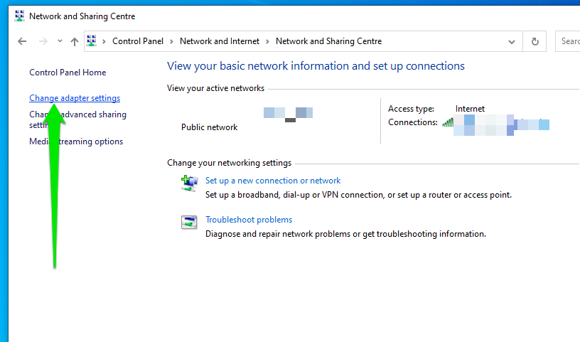Click <i>Change adapter settings</i> in the <i>Network and Sharing Center</i> window