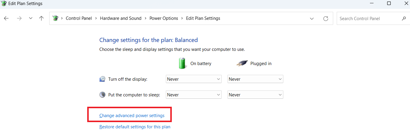 Select Change advanced power settings