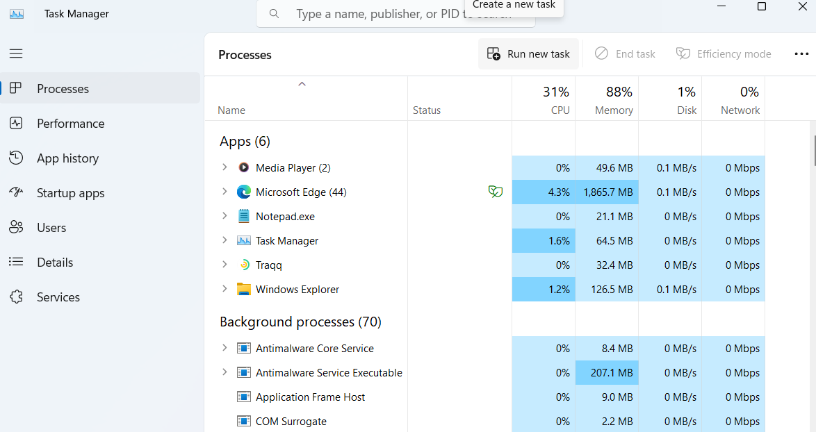 Go to the Processes tab
