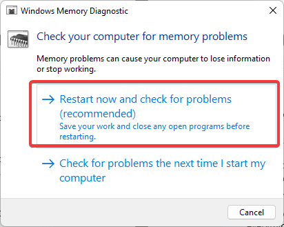 Select <i>Restart now and check for problems (recommended)</i>