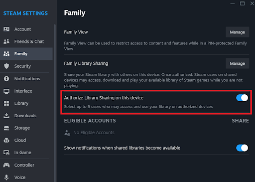 Switch on the <i>Authorize Library Sharing on this device</i> radio button