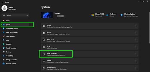 Select <i>System </i>in the left pane and click <i>Power & battery</i> on the right