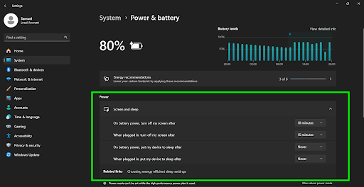 Change the time option beside the <i>Turn off my screen</i> and <i>Put device to sleep</i> options