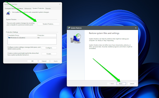 Select <i>Next </i>under <i>Restore system files and settings</i>