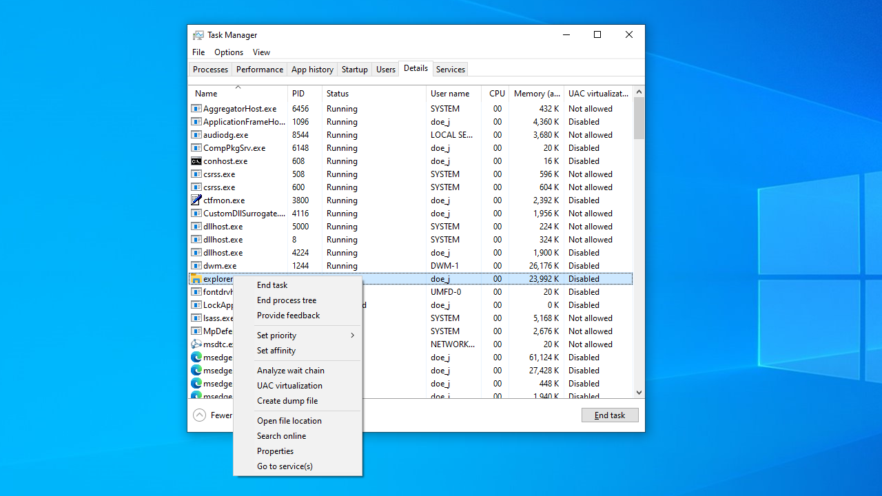 Locate <i>explorer.exe</i>. Right-click on it and select <i>End task</i>