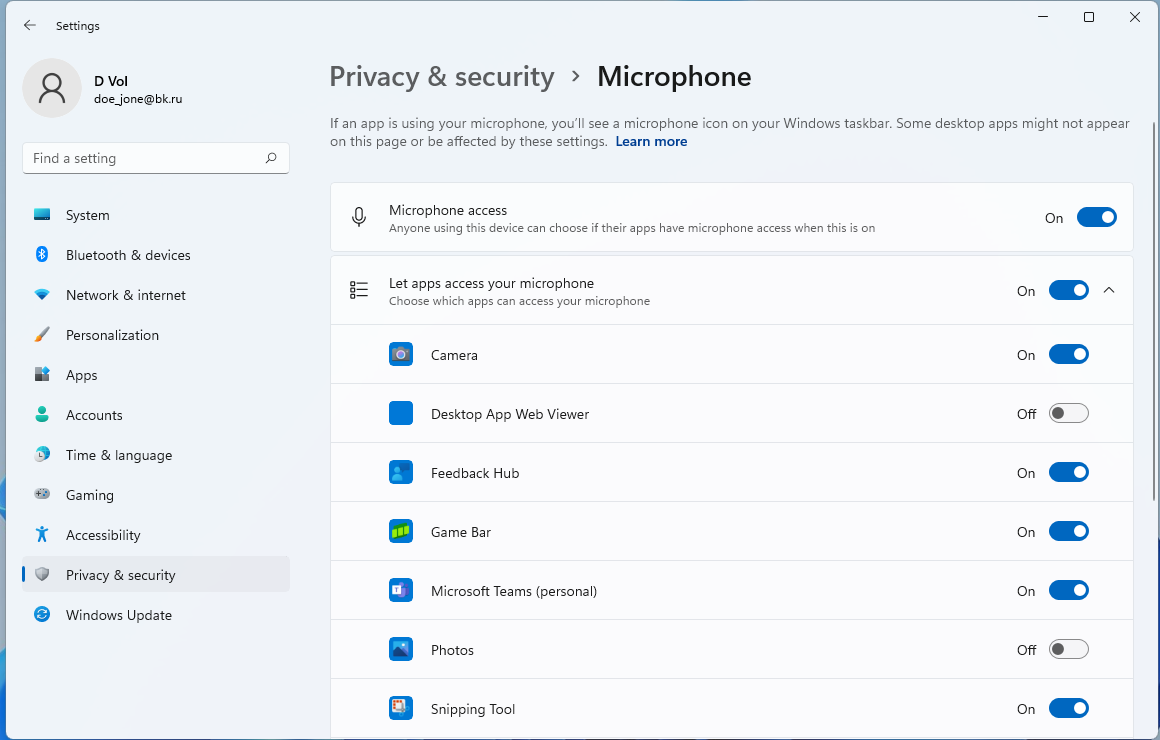 Go to <em>Settings > Privacy & security > Microphone</em>