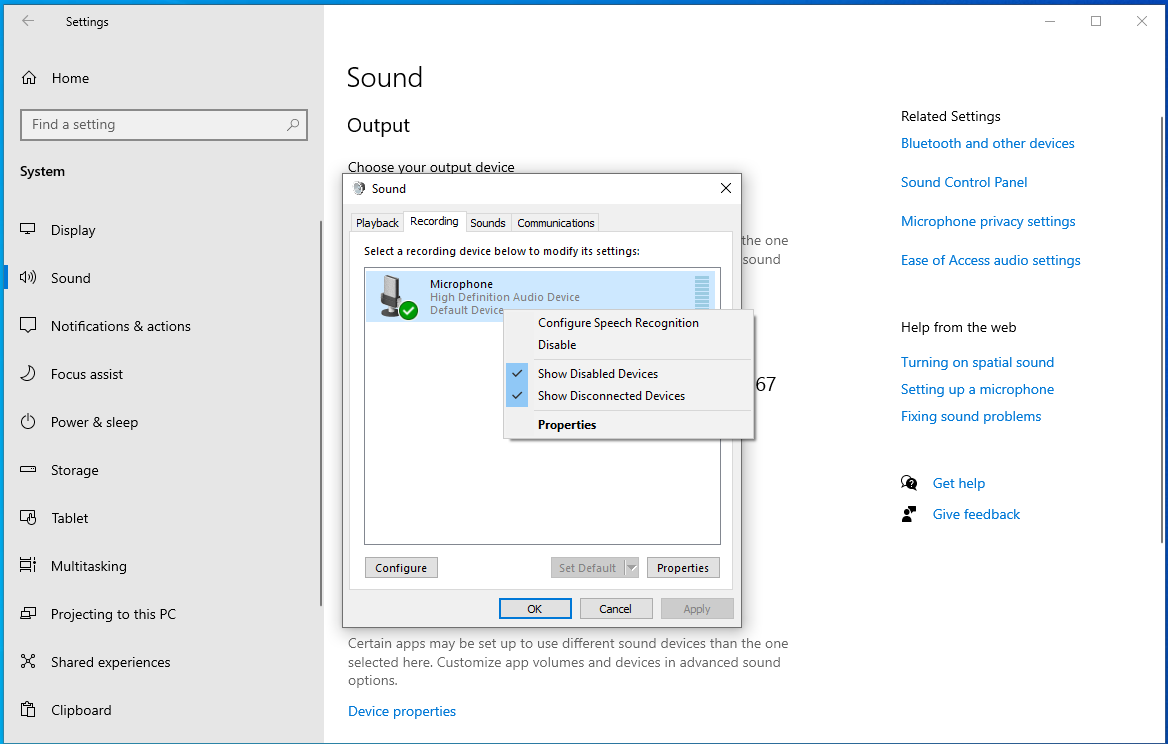 Right-click <em>Microphone</em> and choose <em>Disable</em> in the context menu
