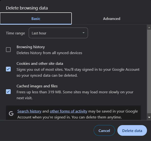 Click <i>Delete data</i> and restart Chrome