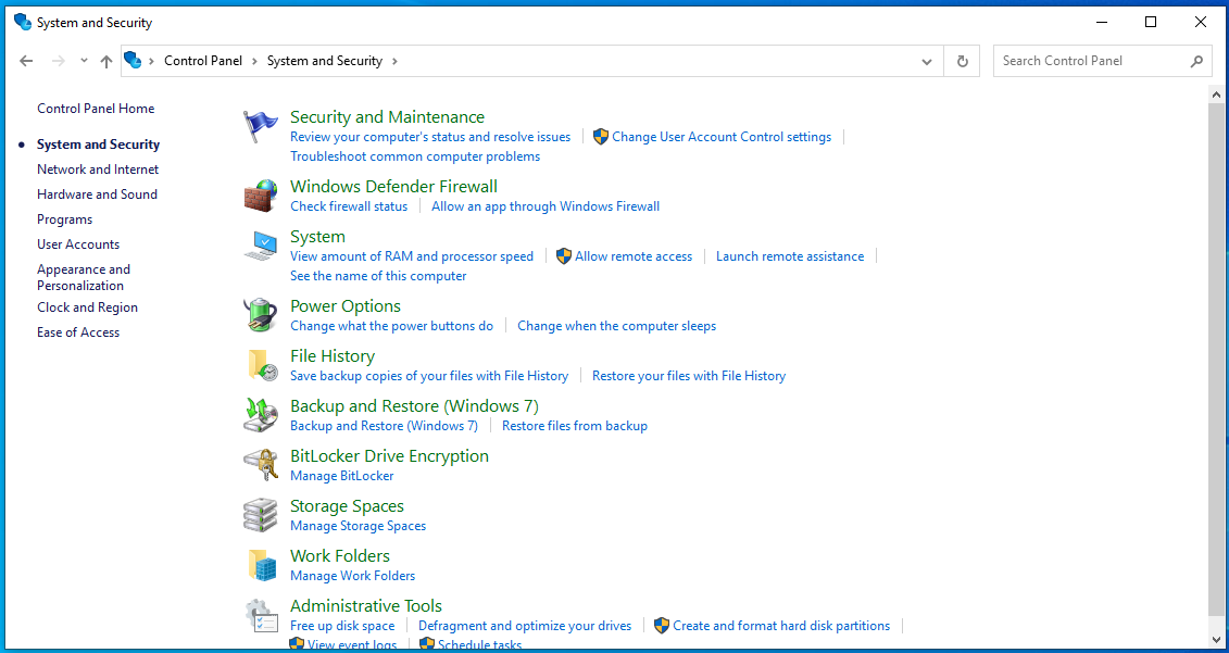 System and Security > Windows Defender Firewall