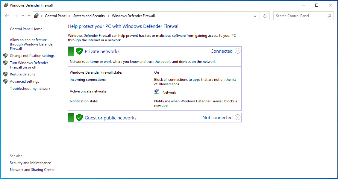 Click Allow an app or feature through Windows Defender Firewall