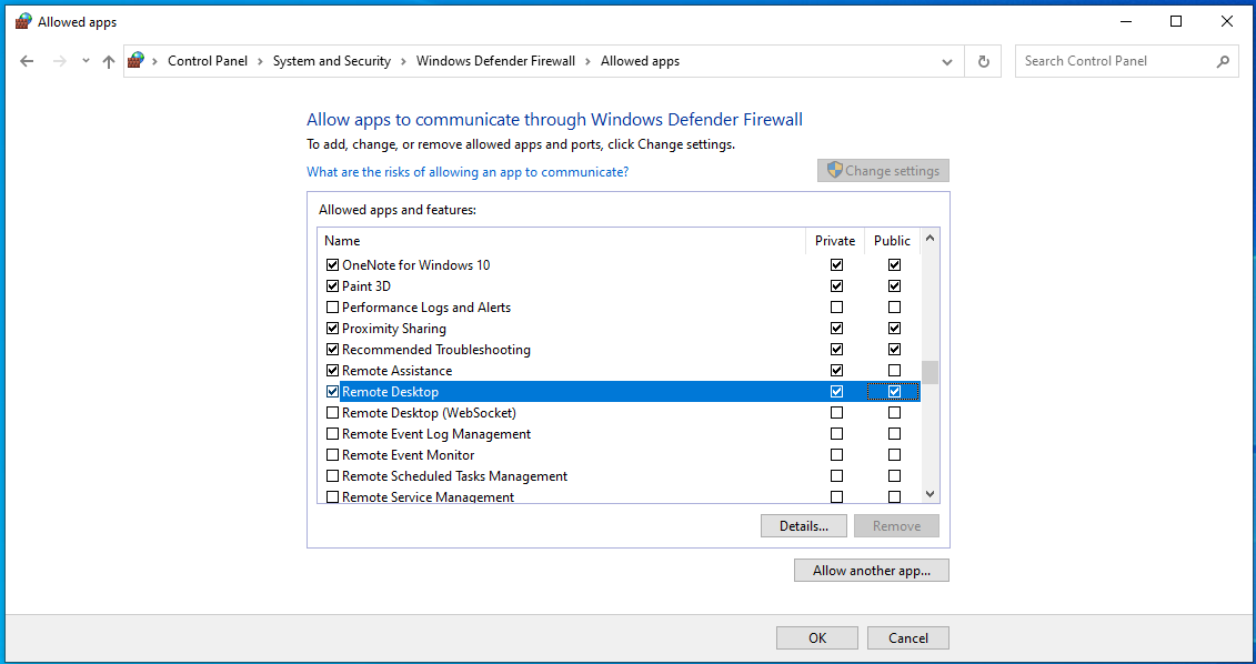 Make sure <i>Remote Desktop</i> is allowed for both private and public networks