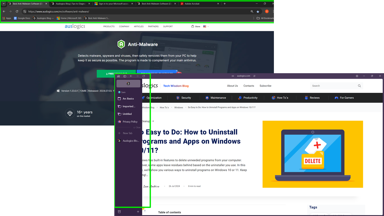 Arc vs Chrome tabs and bookmarks