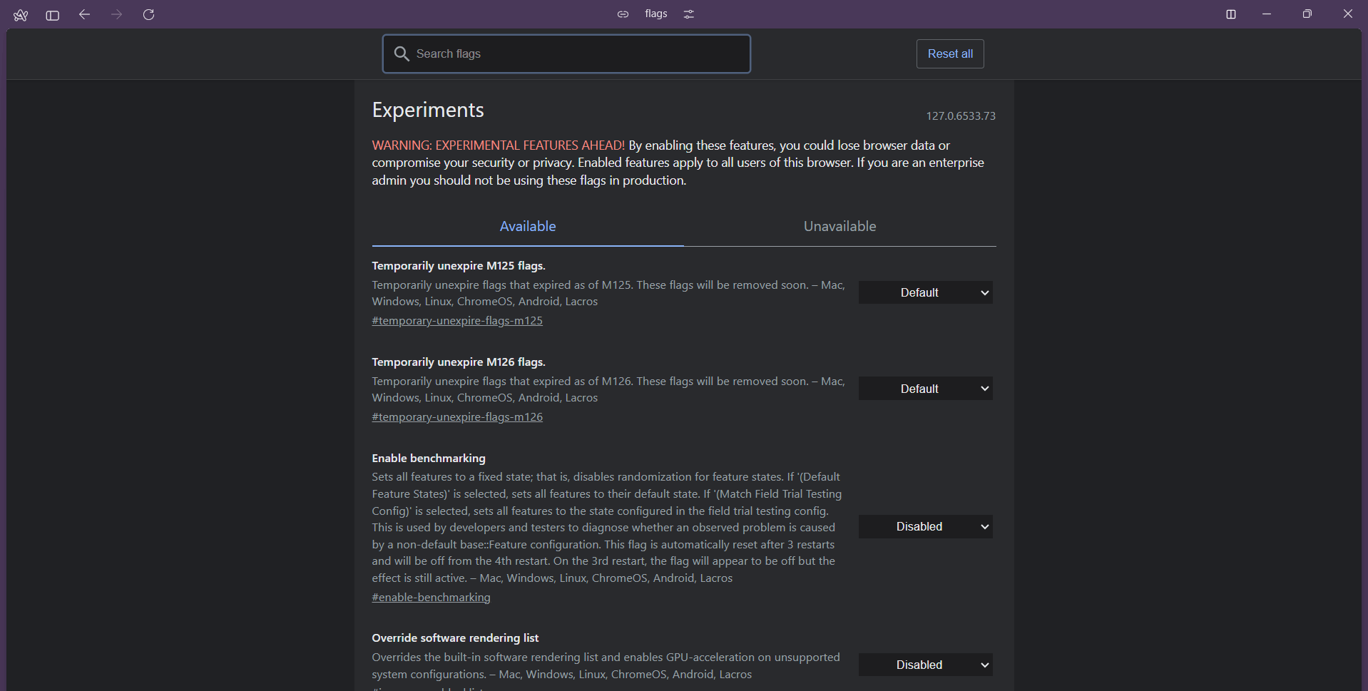 Chrome experimental features menu