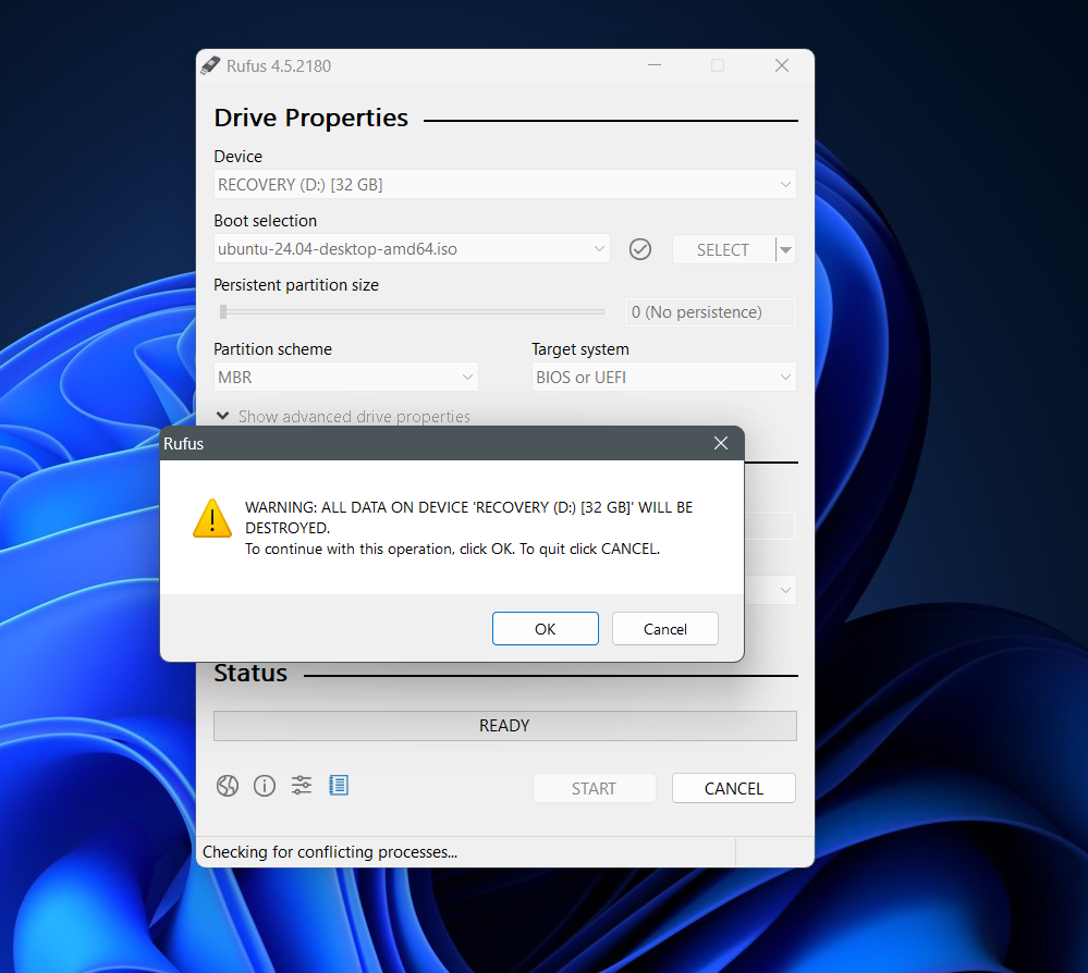Click OK warning screen