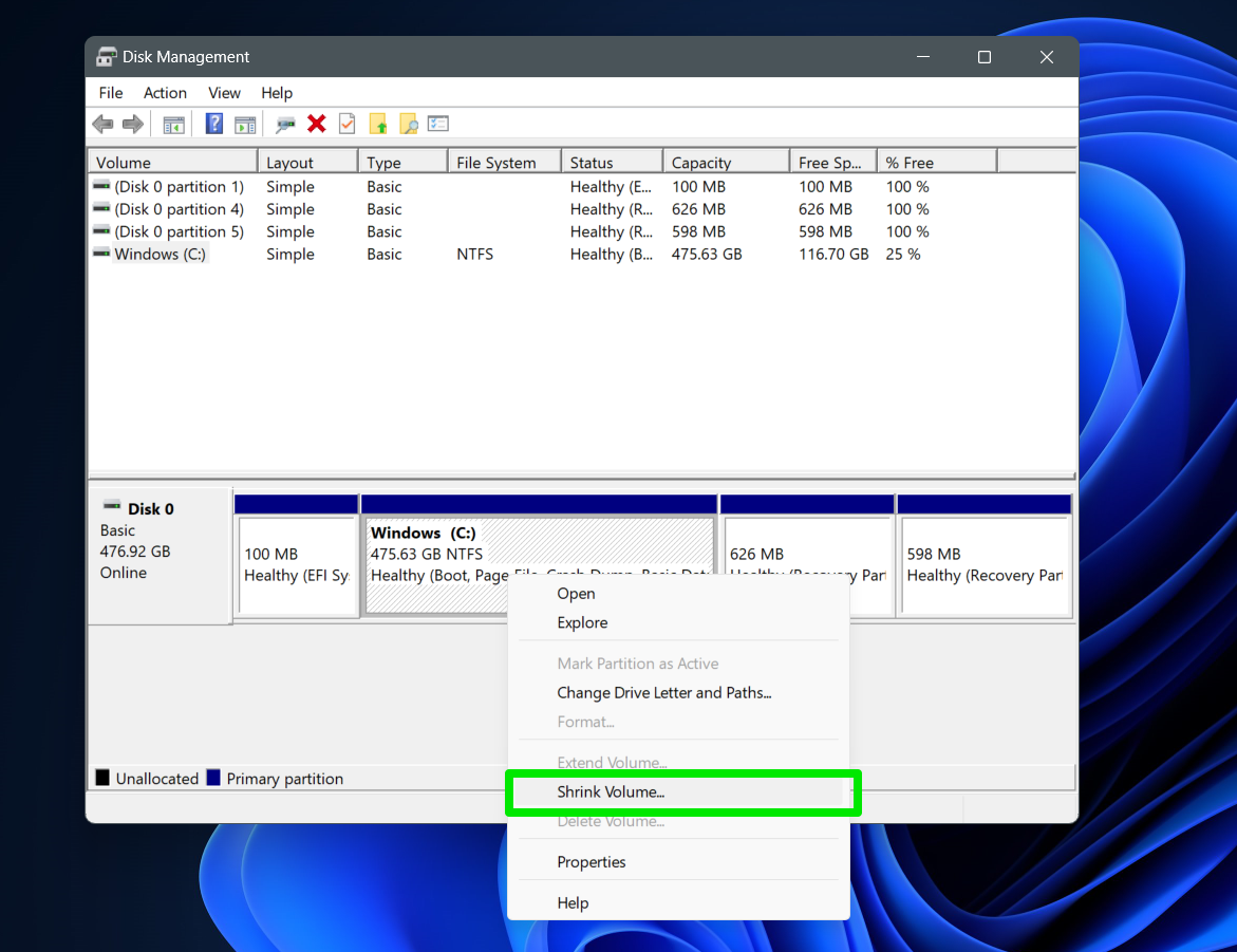 Disk management click Shrink volume