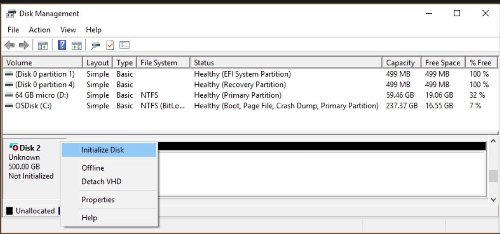 Right-click on the disk labelled as Not Initialized and click on Initialize Disk