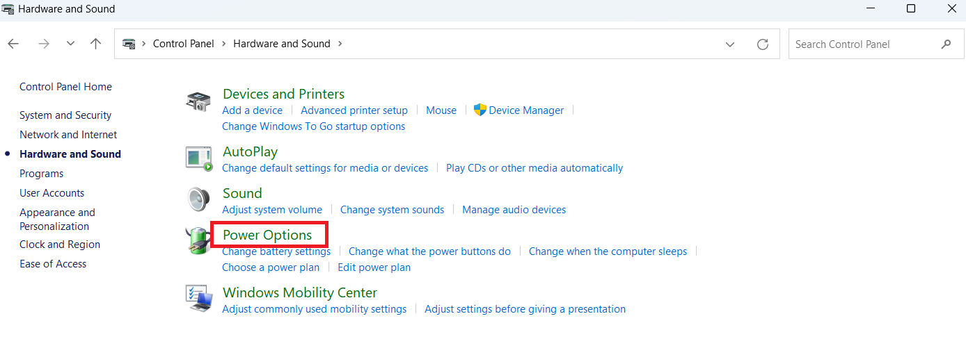 Select Power Options