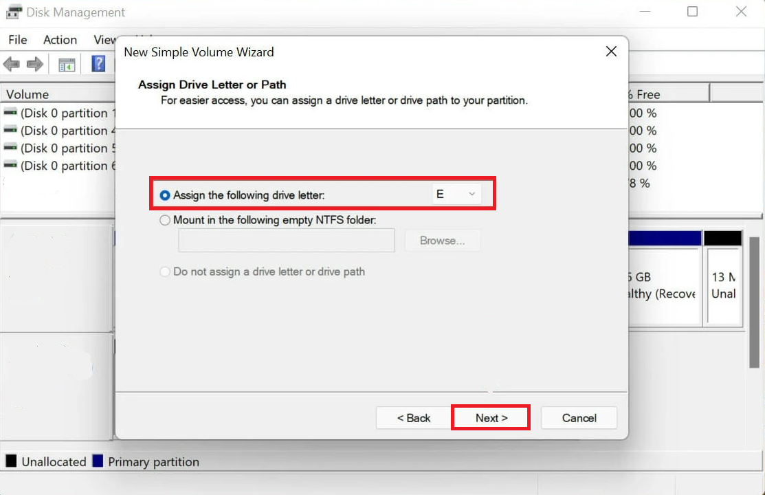 Choose a drive letter from the options available and proceed to Next