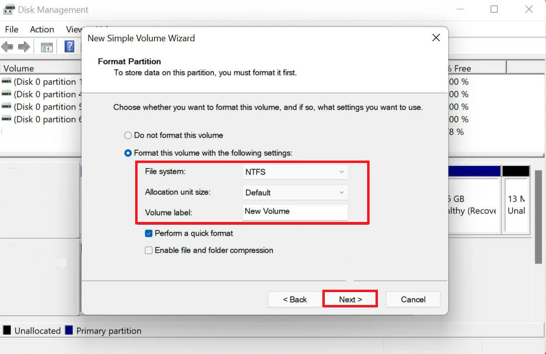 Choose your preferred file system, enter a name for the drive, and click Next