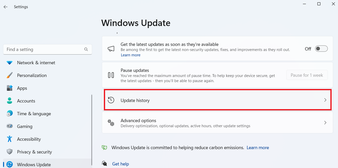 Click on Update history