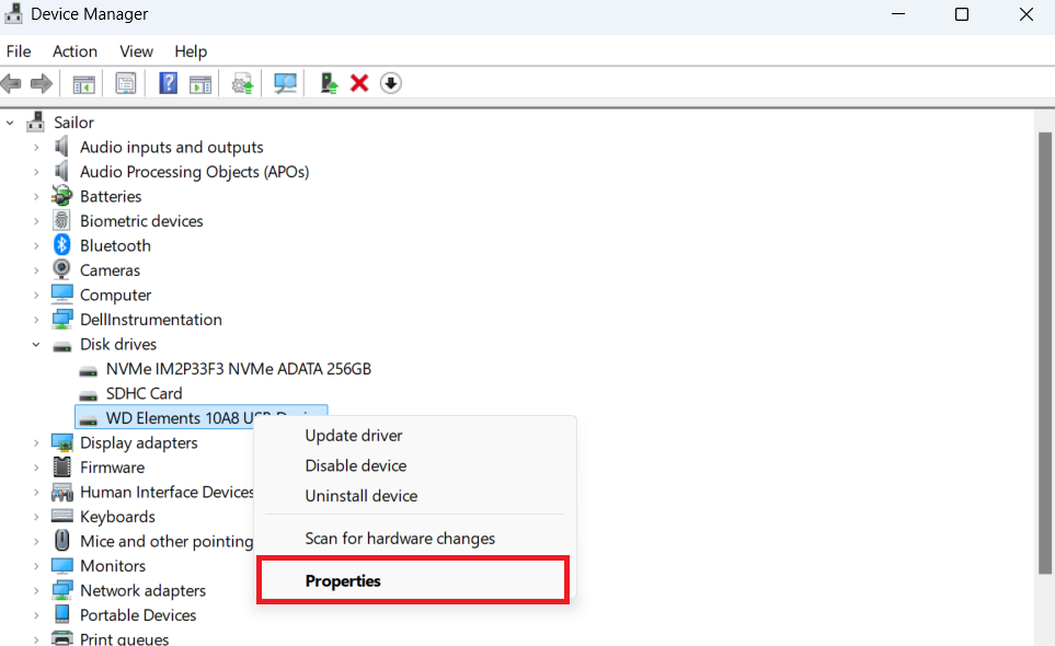 Open Device Manager and select Properties