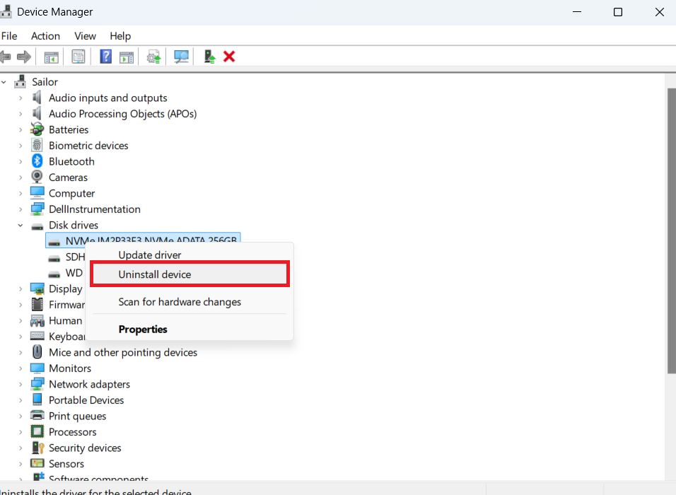 Select Uninstall device