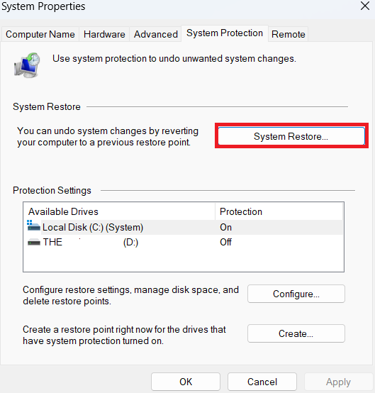 Click on System Restore