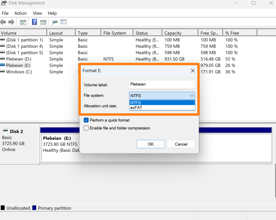 When the Format dialog window appears, select a drive name, file system, and allocation unit size