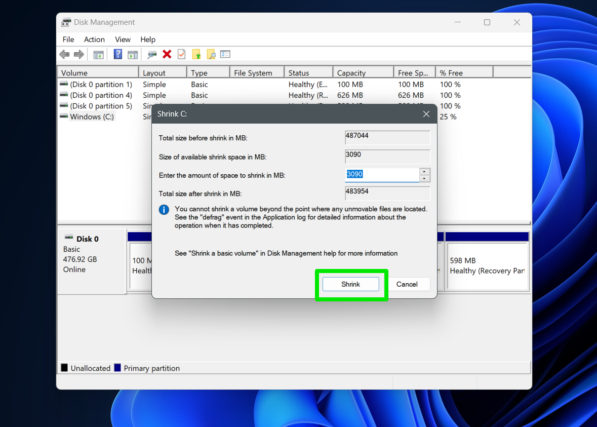 Disk Management Shrink partition