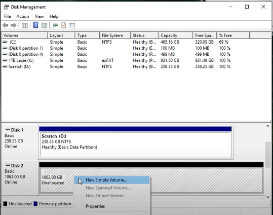 Afterwards, you’ll need to format the drive. So right-click on the space labelled Unallocated and click on New Simple Volume.