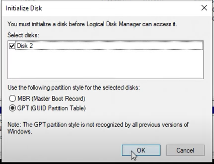 Leave the default settings on the Initialize Disk dialog box and click the OK button