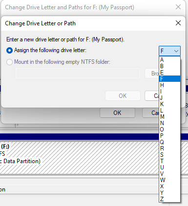 Click the Change button and then select a drive letter from the menu