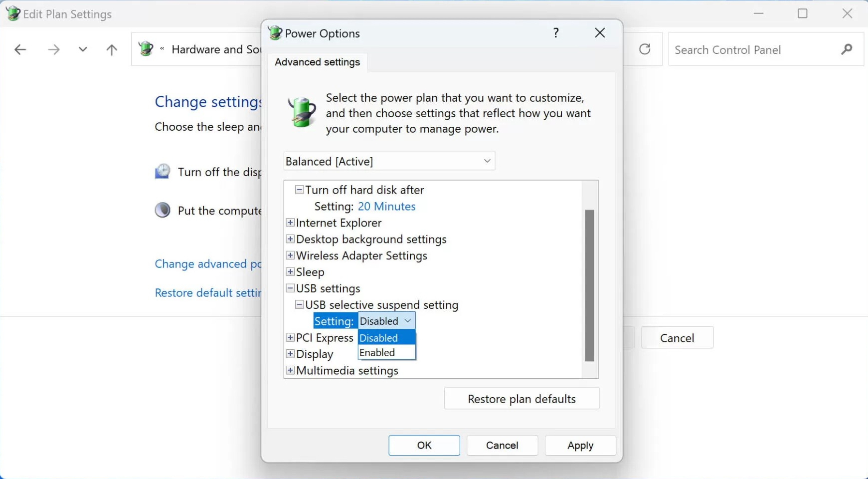 Turn off the setting for On battery and Plugged in