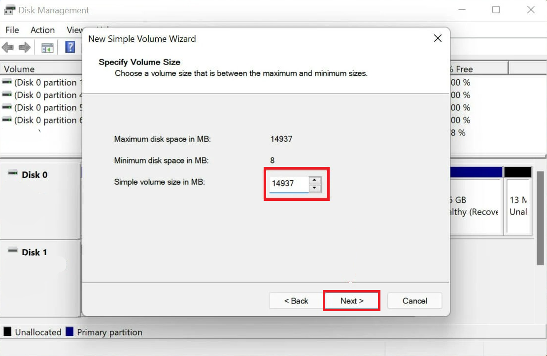 Select the maximum size for the volume and choose Next