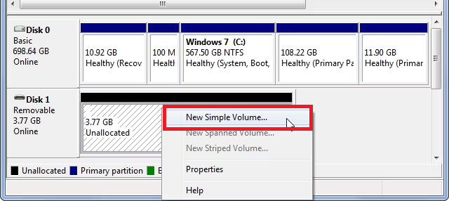 Select New Simple Volume