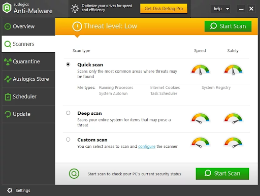 Auslogics Anti-Malware Threat level low