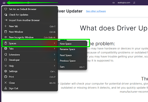 Create a new space in Arc for Windows