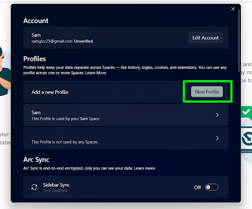 Arc for Windows new profile
