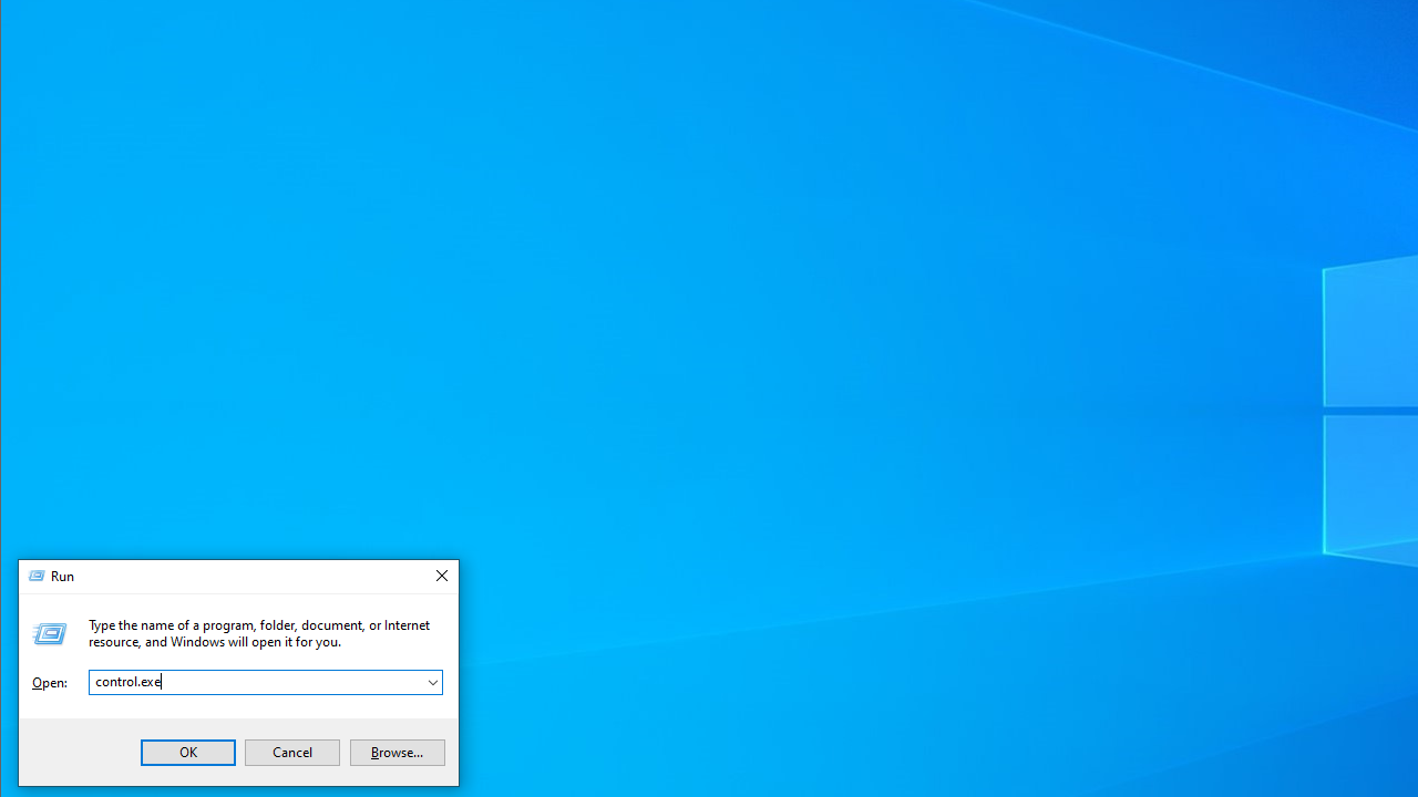Type control.exe and hit Enter to open the Control panel window.