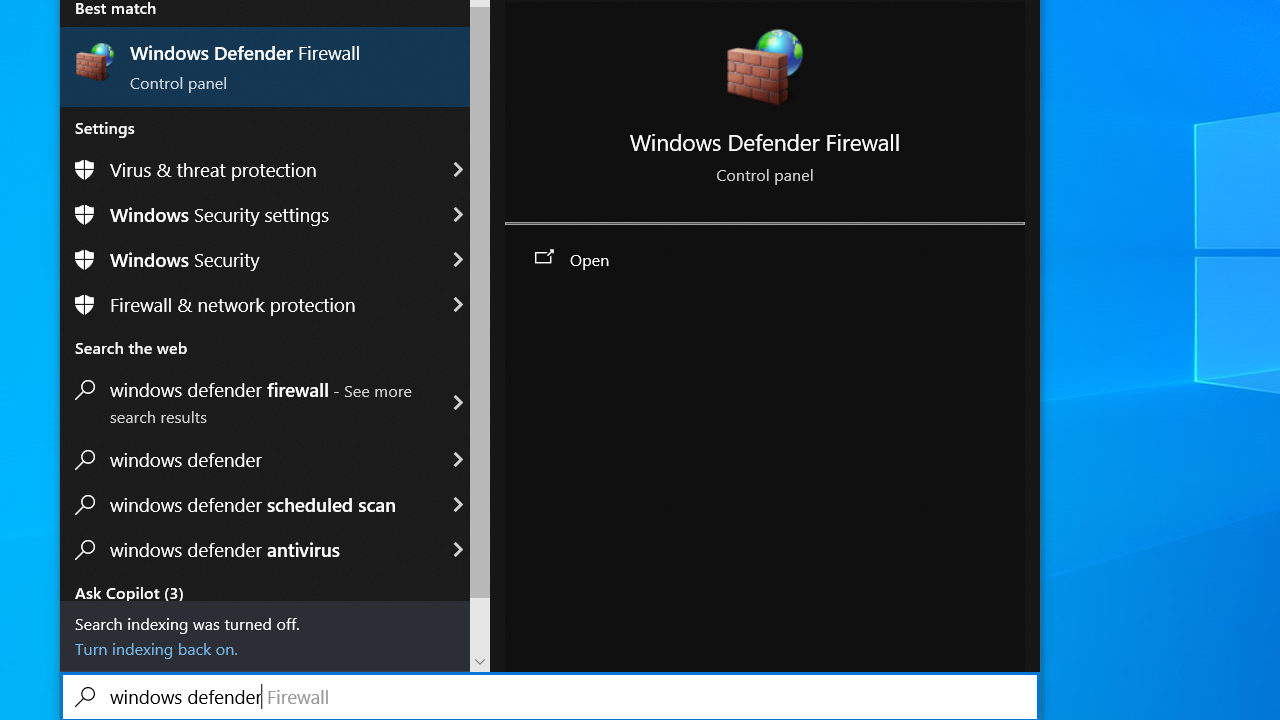 Select Windows Defender Firewall