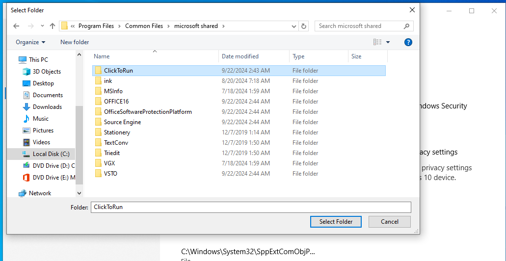 Navigate to C: >> Program Files >> Common Files >> Microsoft Shared>ClickToRun