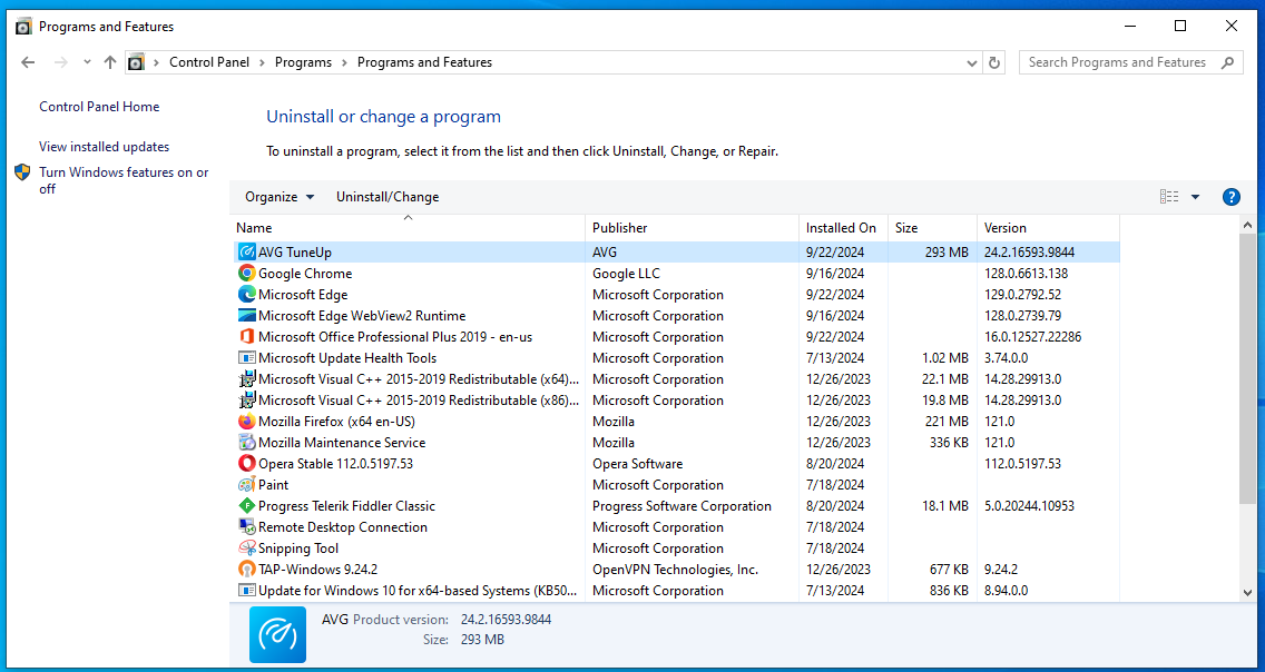 Locate the <em>AVG TuneUp</em> application, click on it, and then click on <em>Uninstall</em>