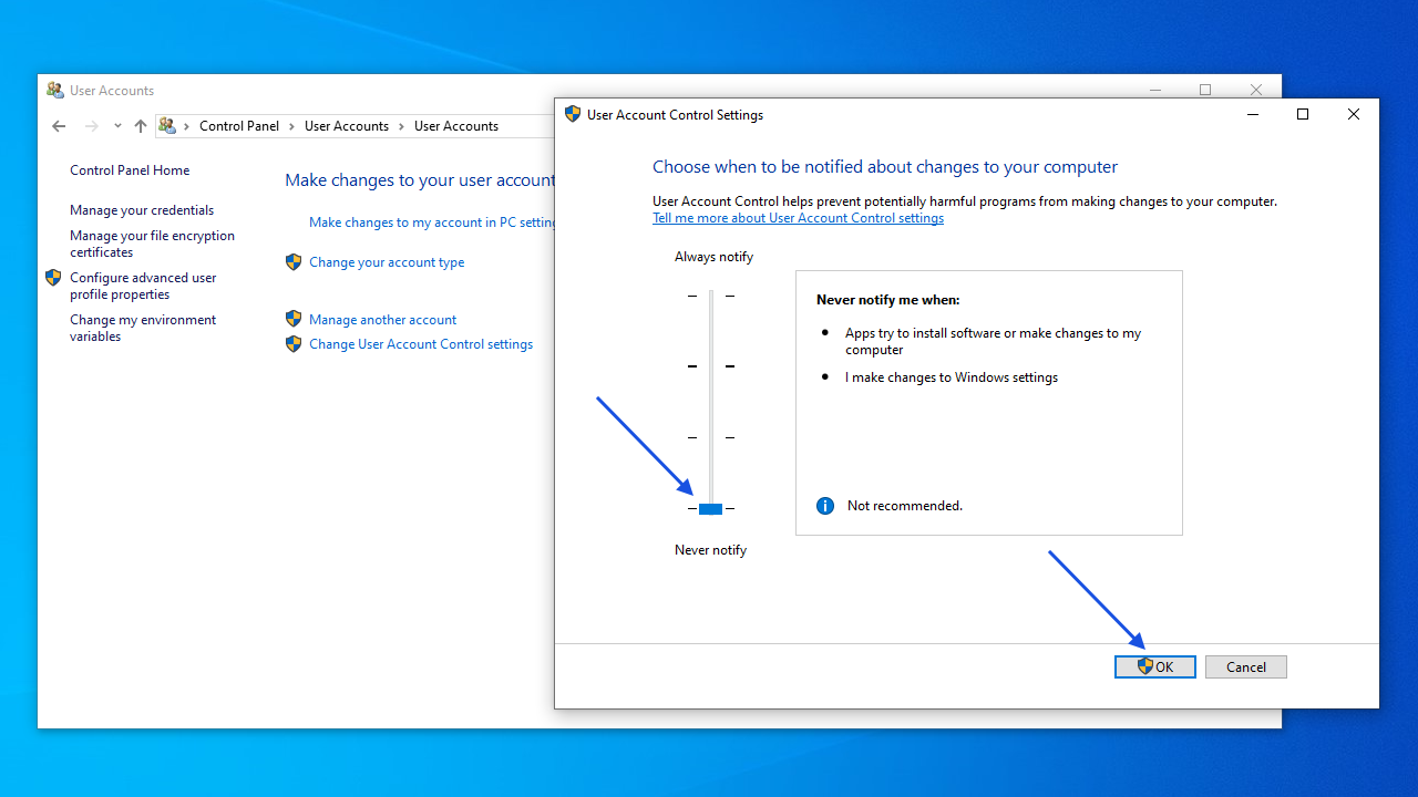 Move the slider down to Never Notify and click OK
