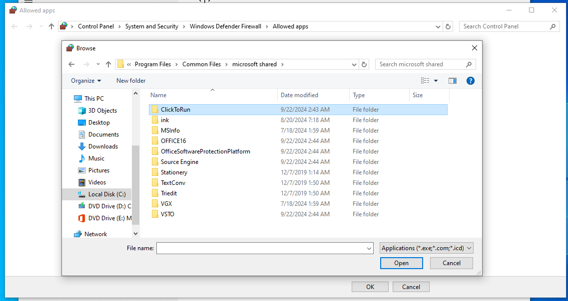 Allowed apps and features>ClickToRun