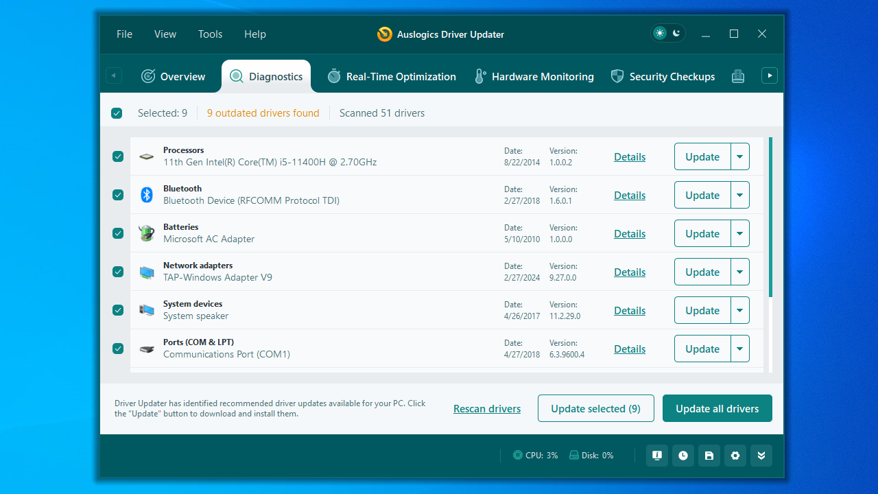 Update drivers using Auslogics Driver Updater